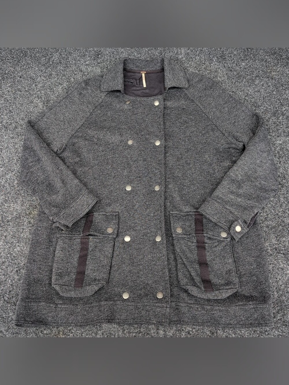 Free People Jacket Womens Large Gray Double Breasted Linen Blend Slouchy Pea